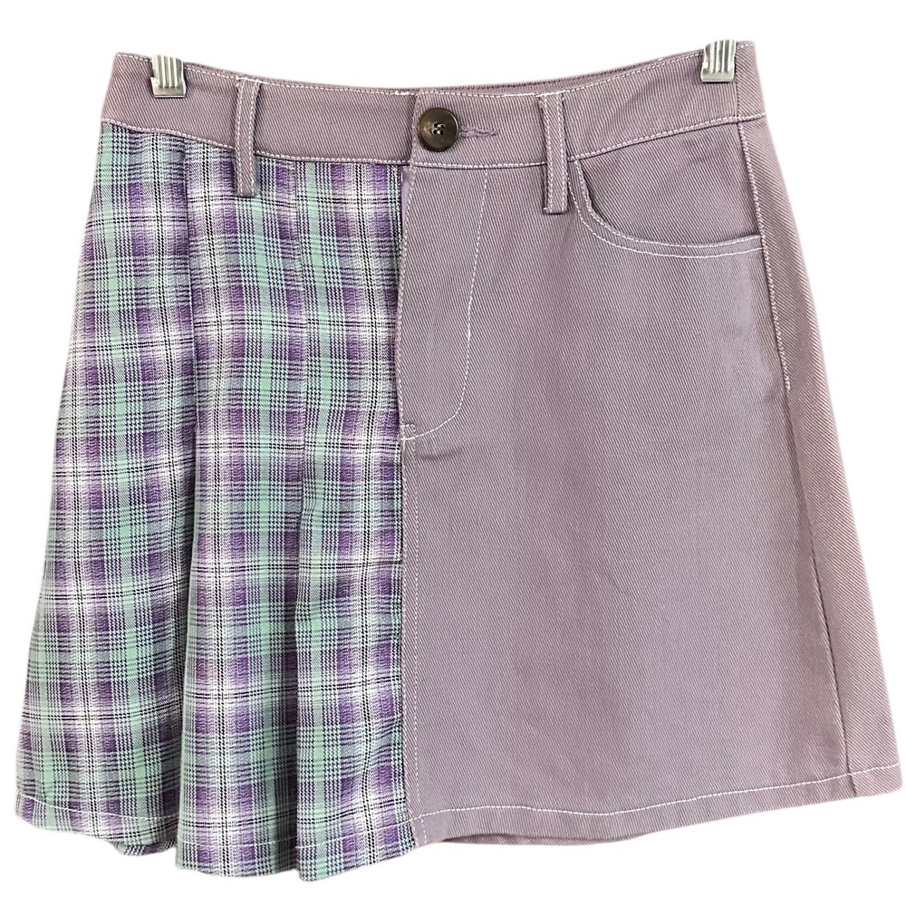 NWT Papermoon Colorblock Plaid Mini Skirt Lilac Denim & Purple and Green Pleated